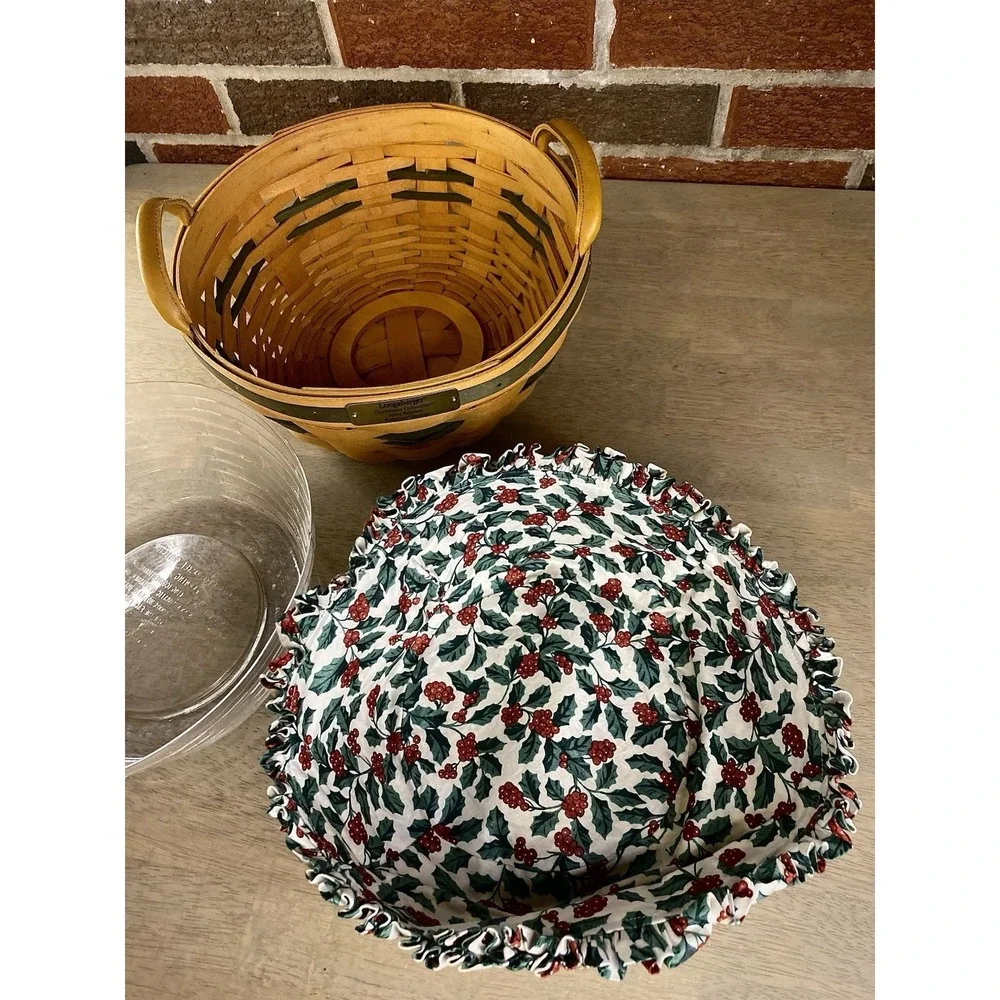 1999‎ Popcorn ~ Longaberger Green Basket w/ Leather Handles ~ Liner & Protector